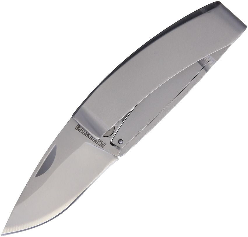 Compact Money Clip Framelock knife with satin-finish stainless steel blade and handle, featuring integrated framelock and pocket clip.
