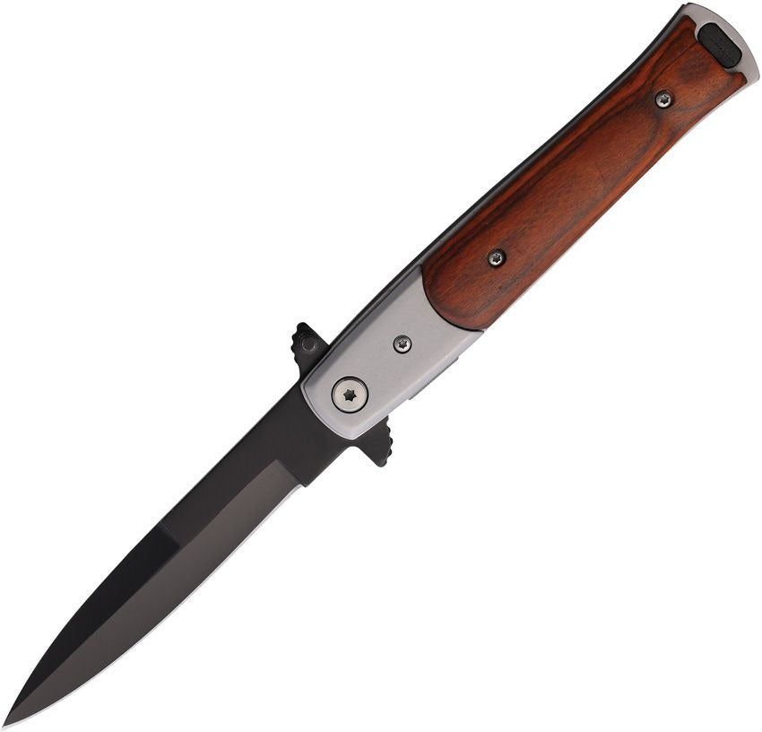 Stiletto style linerlock knife with brown wood handle, black pocket clip, and assisted-opening mechanism.