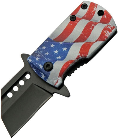 Compact Money Clip Framelock knife with black sheepsfoot blade and American flag aluminum handle