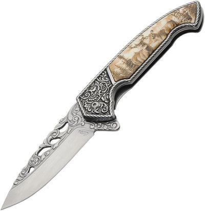 Framelock knife with satin finish 420 stainless steel blade and stainless steel handle featuring detailed wolf design and framelock mechanism
