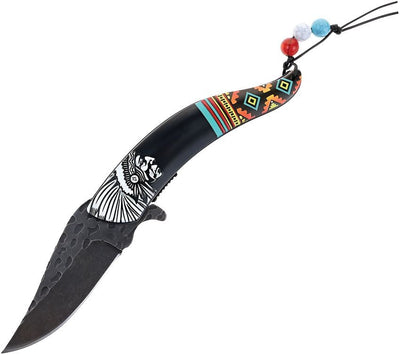 Chief Linerlock Knife with black stonewash blade and Southwestern artwork handle with beaded lanyard