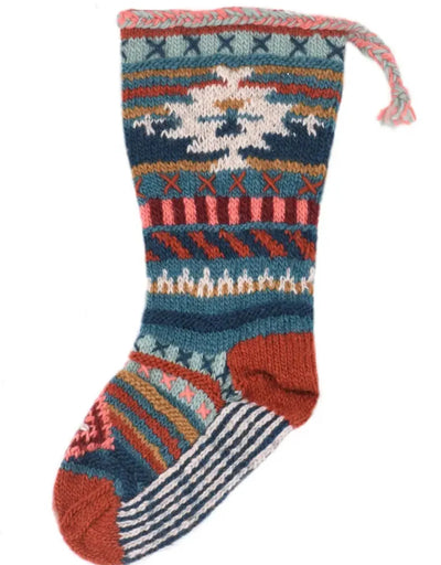 Galisteo Christmas Stocking with colorful knitted patterns and a hanging loop for holiday décor