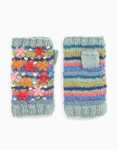 Skylar Handwarmers striped knit fingerless gloves with floral embroidery in pastel colors