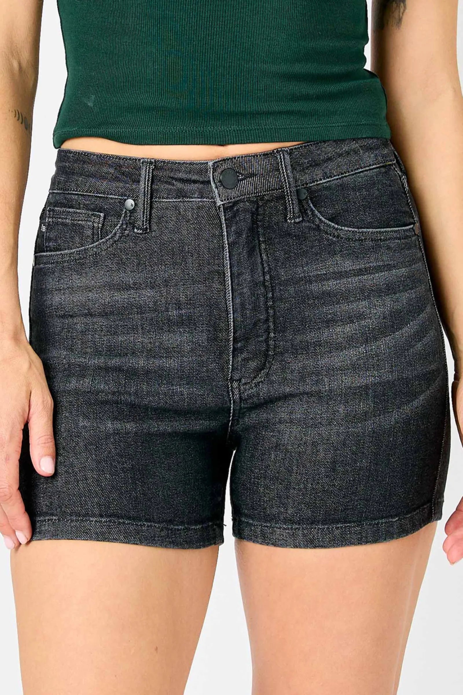 Judy Blue Shorts 150247, mid-rise tummy control, vintage wash, release hem, 4" inseam, stretchy fabric.