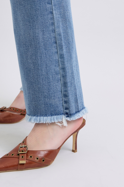 Judy Blue Jeans 82486 high waist frayed hem bootcut with brown heels.