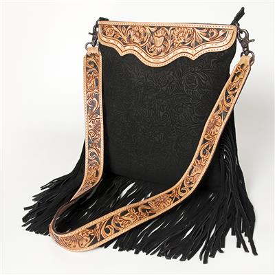 American Darling Messenger bag with tooled cowhide leather and fringed suede design