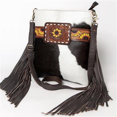 Ohlay Crossbody Bag KBA110 with hand-tooled genuine cowhide leather, decorative fringes, and adjustable strap.