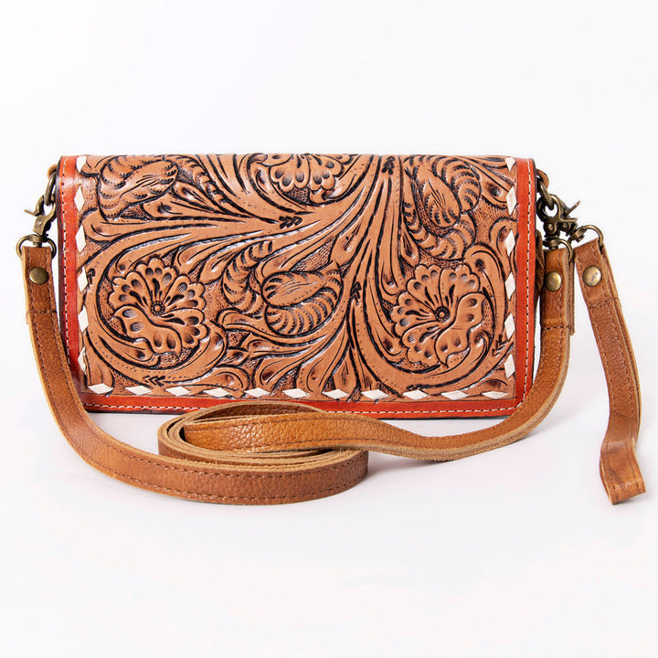 Ohlay Crossbody Wallet KBM101A in carved cowhide leather with adjustable strap and durable YKK zipper closure.