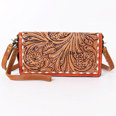 Ohlay Crossbody Wallet KBM101A - Hand tooled genuine cowhide leather with adjustable strap and YKK zipper.