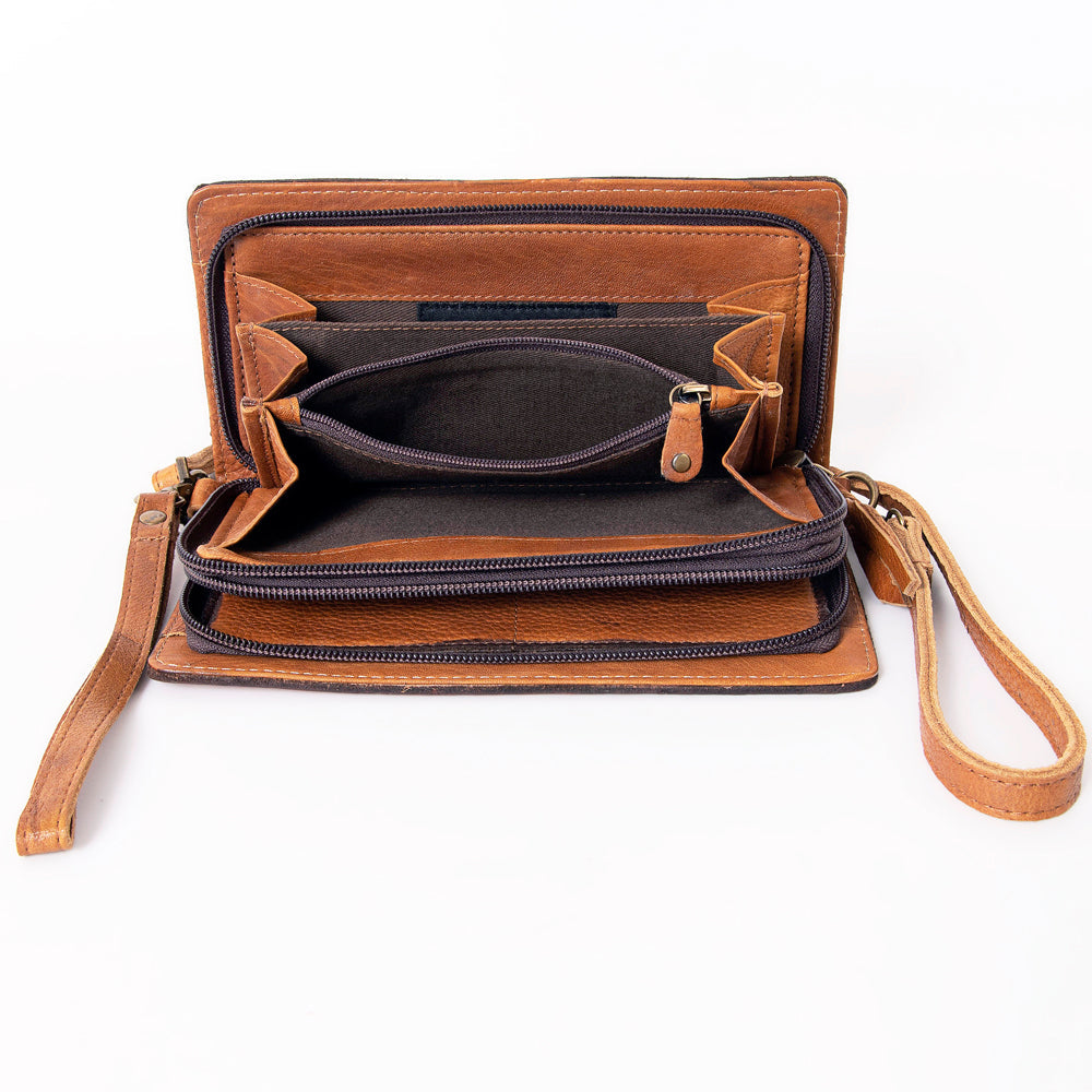 Ohlay Crossbody Wallet KBM101A in brown leather with multiple compartments and adjustable strap.