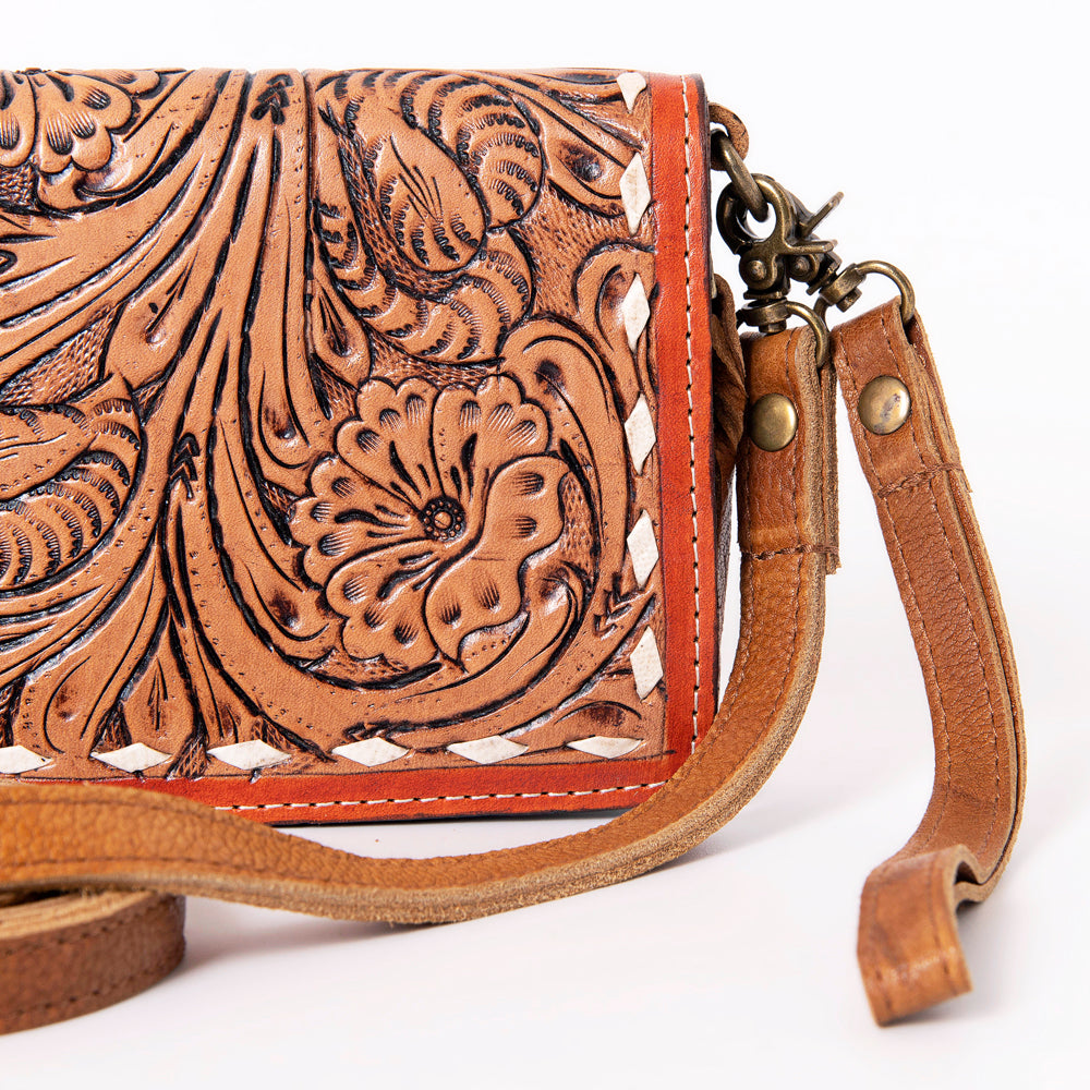 Ohlay Crossbody Wallet KBM101A with hand-tooled leather design and adjustable strap.