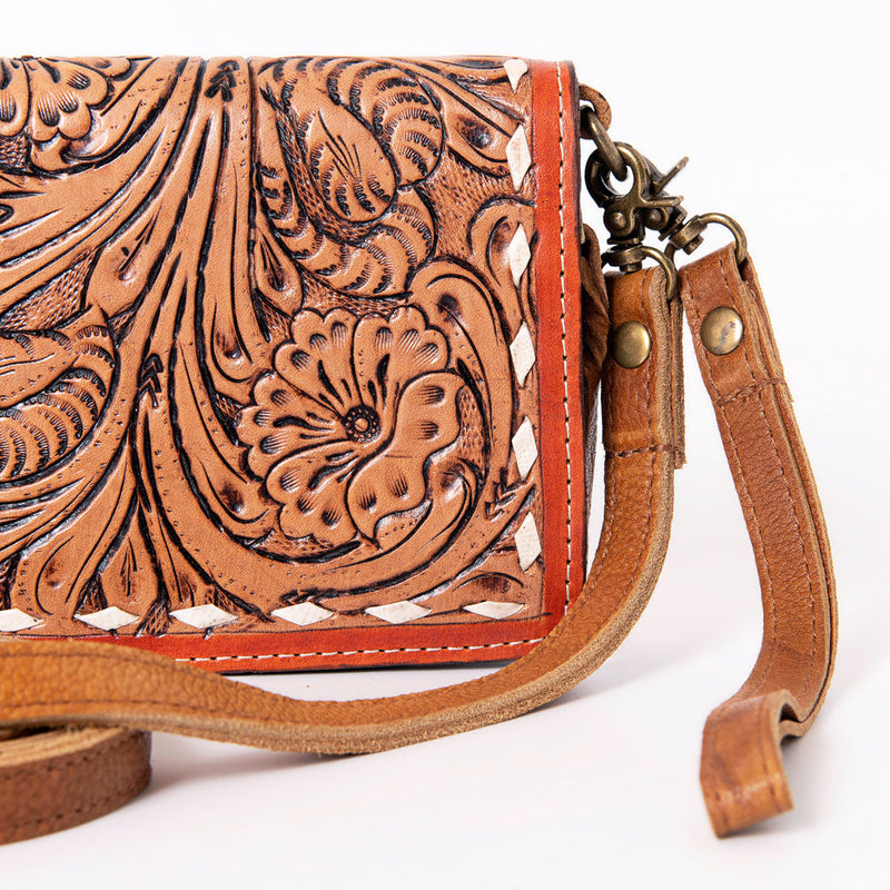 Ohlay Crossbody Wallet KBM101A with hand-tooled leather design and adjustable strap.