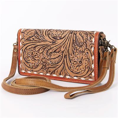 Ohlay Crossbody Wallet KBM101A, hand-tooled genuine leather, with adjustable strap and durable YKK zipper, 4x8x1.5 inches.