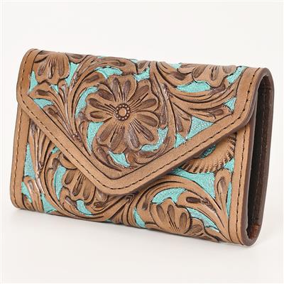 Ohlay Wallet KBG152, hand-tooled cowhide leather, western design, durable YKK zipper.