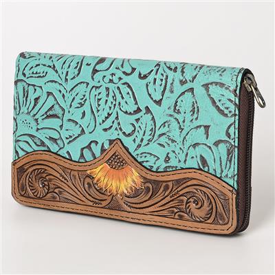 Vegetable tanned leather Ohlay Wallet KBG153 with floral embossing and durable YKK zipper.