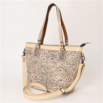 Ohlay Tote KBG328 genuine leather handcrafted bag with intricate floral tooling and adjustable strap.