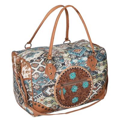 Ohlay Duffel Bag OHV223 with vintage print cotton canvas and genuine leather detailing.