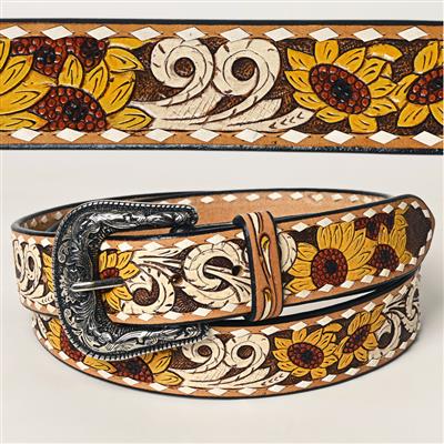 American Darling Belt handcrafted vegetable-tanned cowhide leather with sunflower and scroll design and antique metal buckle