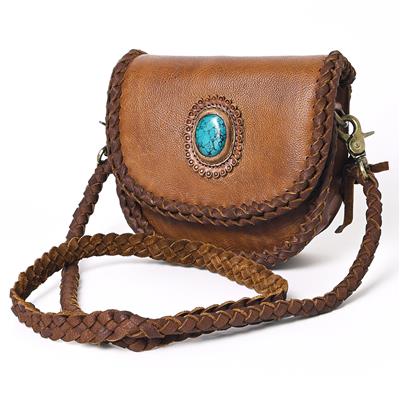 American Darling Small Crossbody ADBGM338C, genuine full grain leather, turquoise stone accent, braided strap, antique metal fittings.