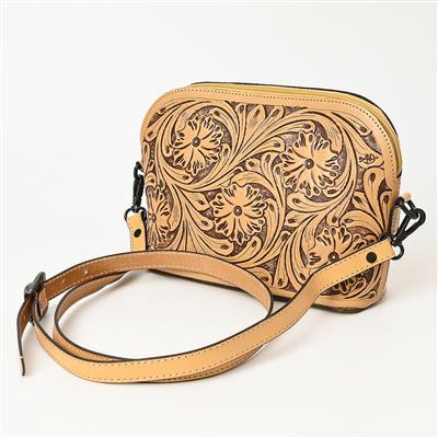 American Darling small crossbody bag with hand-tooled floral design in antique vegetable tanned leather