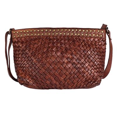Mind Bag NMBGM172C in full-grain leather with braided design and antique metal rivets.