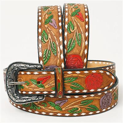 American Darling Belt ADBLF251-M with hand-tooled cowhide leather and floral design, featuring a replaceable metal buckle for a western fashion statement.