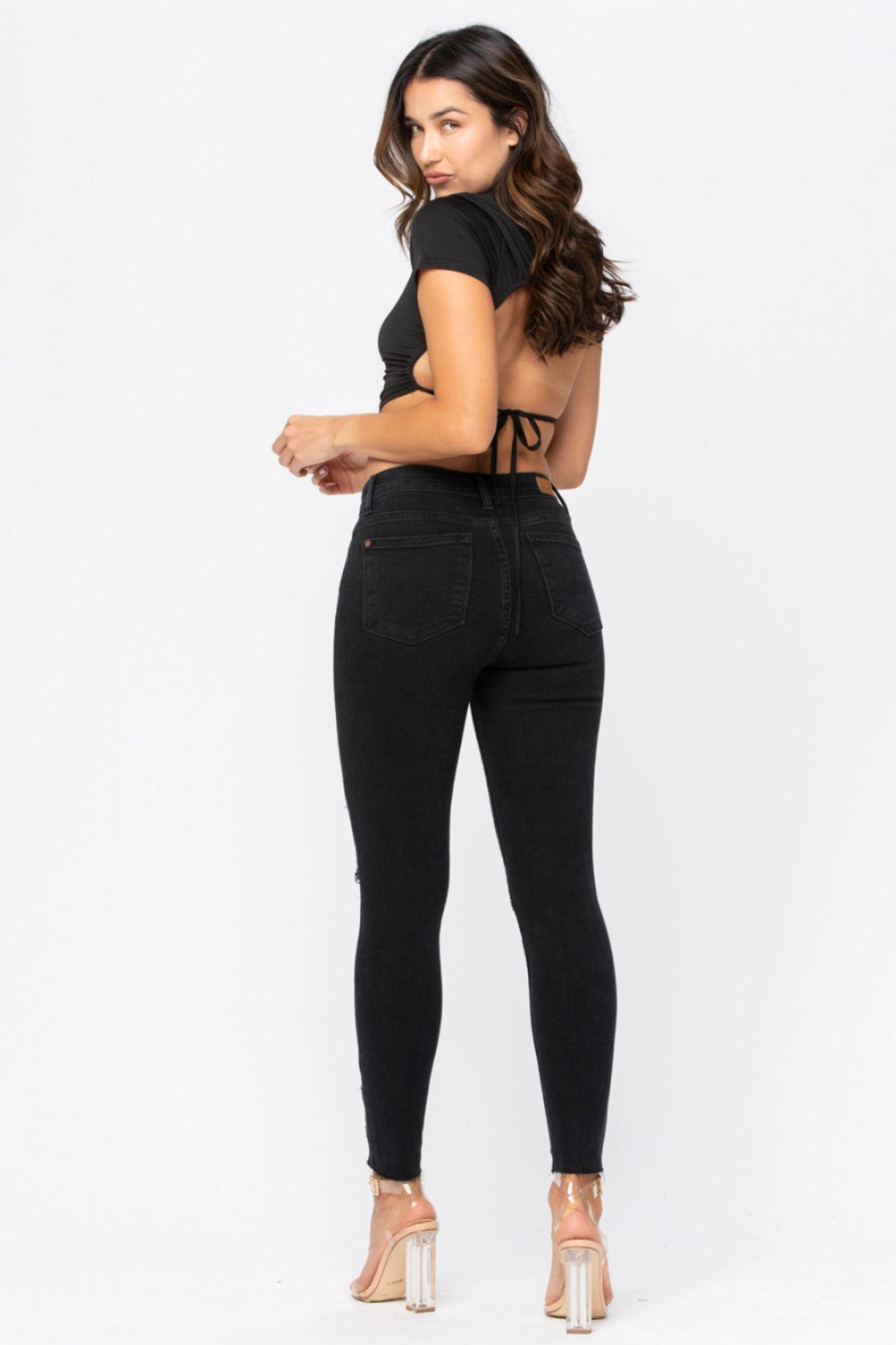 82168 Judy Blue Jeans Black Mid-Rise Skinny Destroyed Leopard Patch