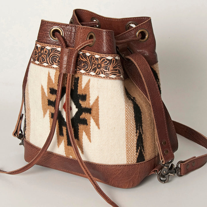 American Darling handmade bucket bag with leather and patterned fabric design