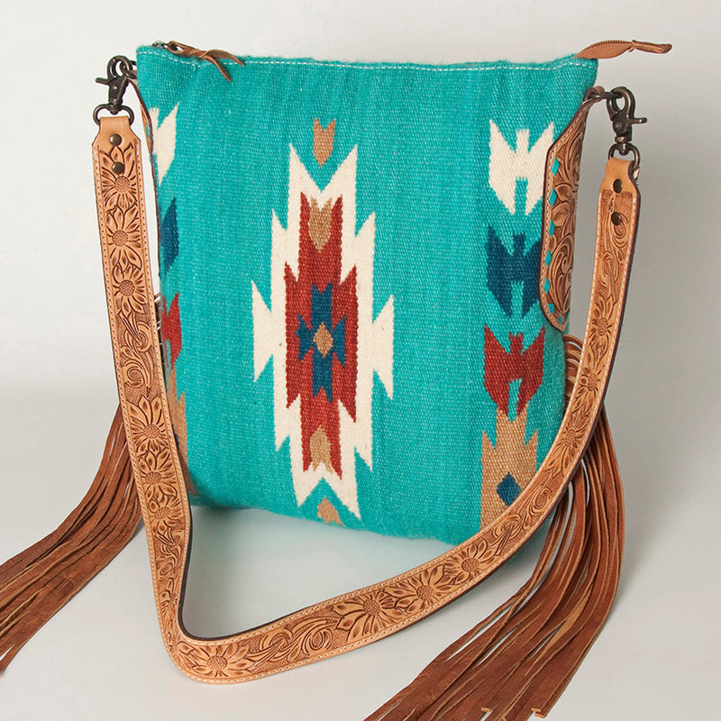 American Darling large messenger bag with turquoise southwestern pattern and tooled leather fringe strap
