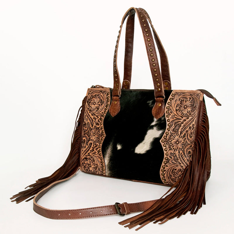 American Darling Tote Bag ADBG930 with brown leather, floral embossing, cowhide center, and fringe detailing