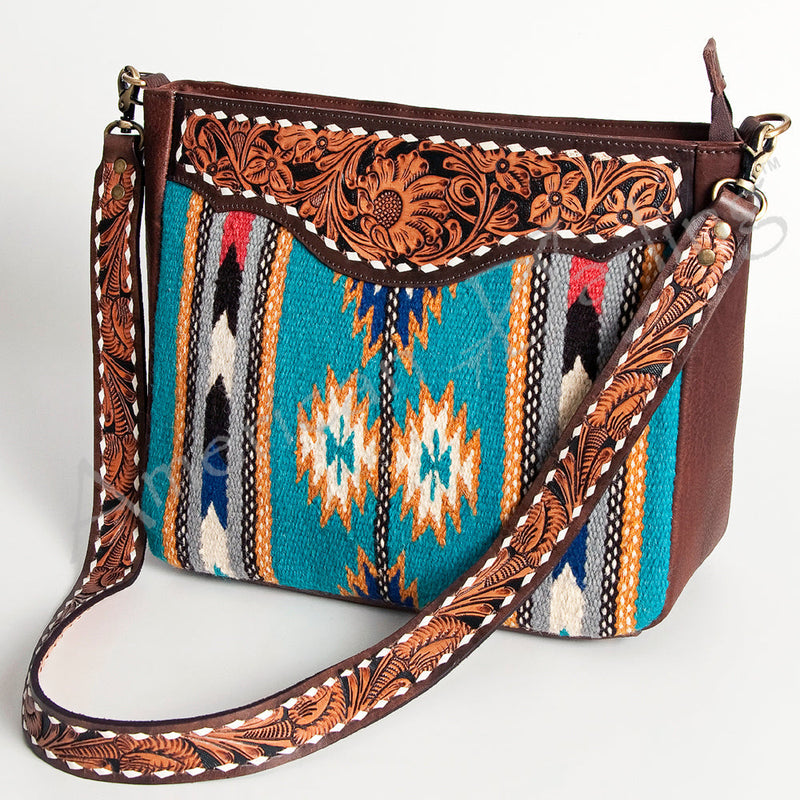 American Darling Large Crossbody bag with hand tooled leather and woven wool saddle blanket design