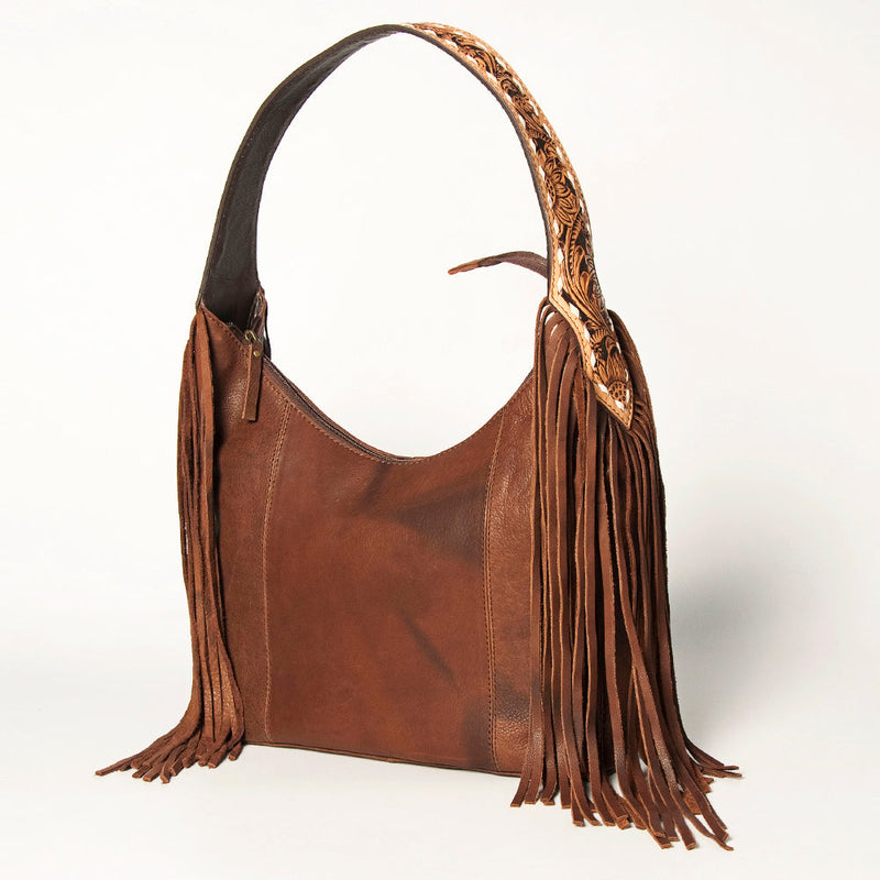 American Darling brown leather hobo bag with fringes and tooled shoulder strap