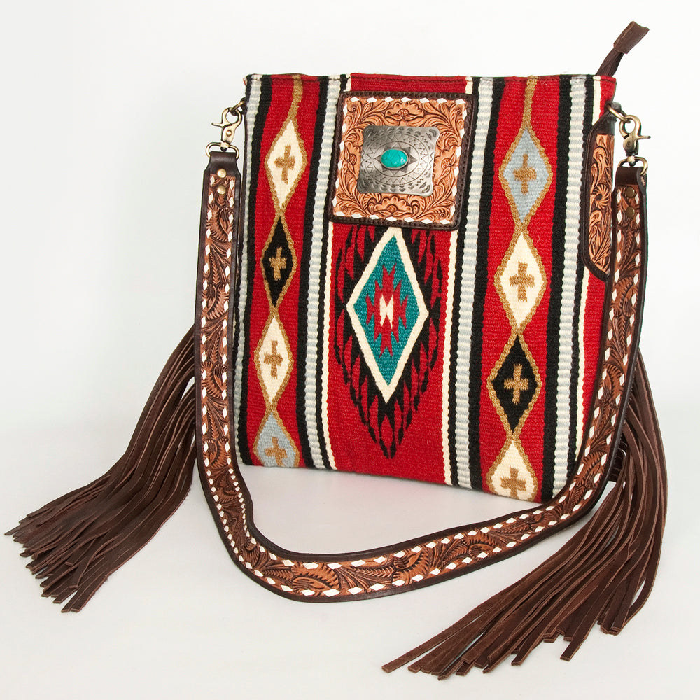 American Darling Messenger Bag with southwestern pattern, leather strap, and turquoise accent