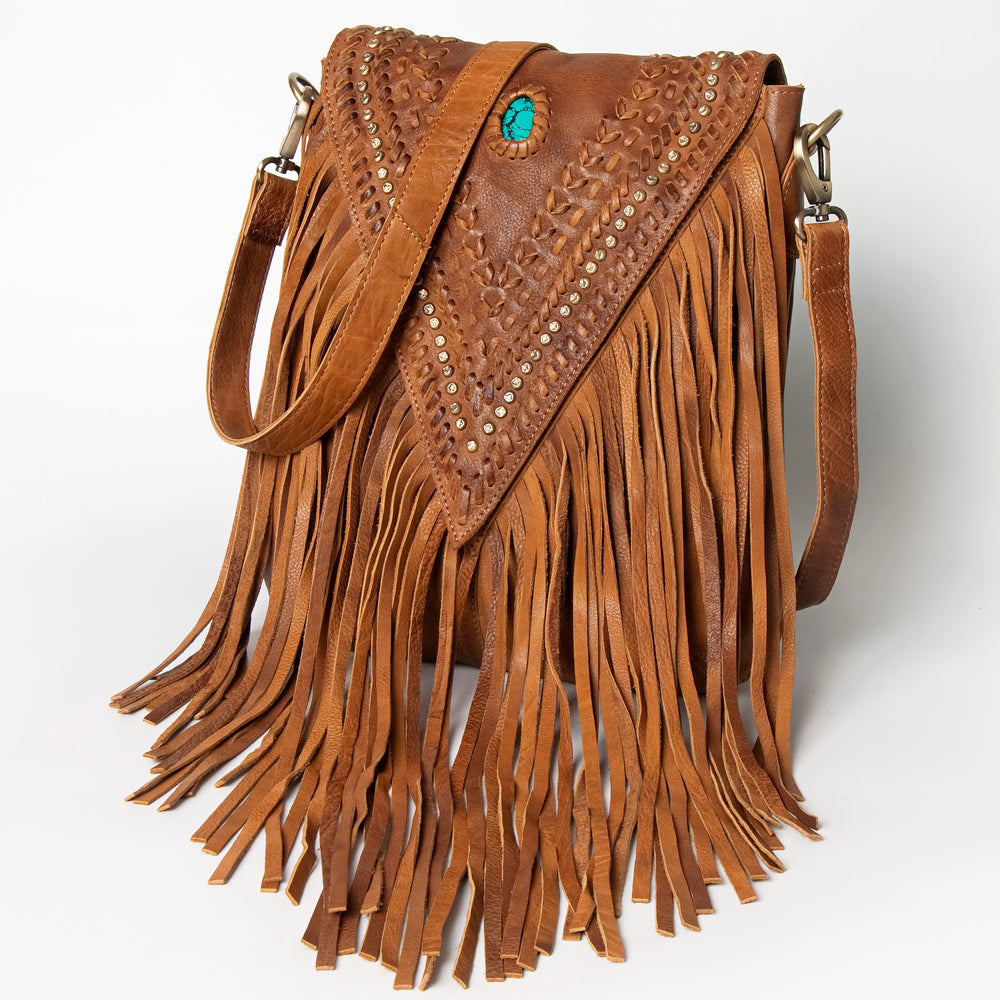American Darling Crossbody Bag ADBGM126 brown leather with fringe and turquoise accent handcrafted design