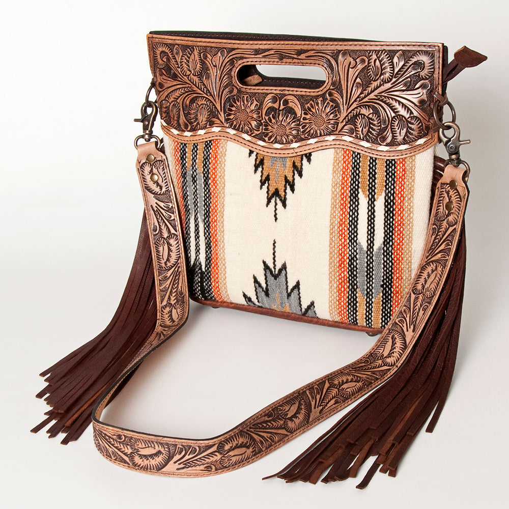 American Darling Clutch handbag with hand-tooled leather, wool saddle blanket, leather fringes, and adjustable strap