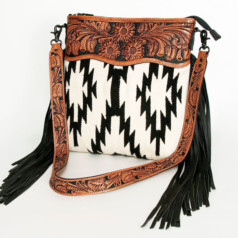 American Darling large crossbody bag with floral tooled leather and black and white southwestern fabric design