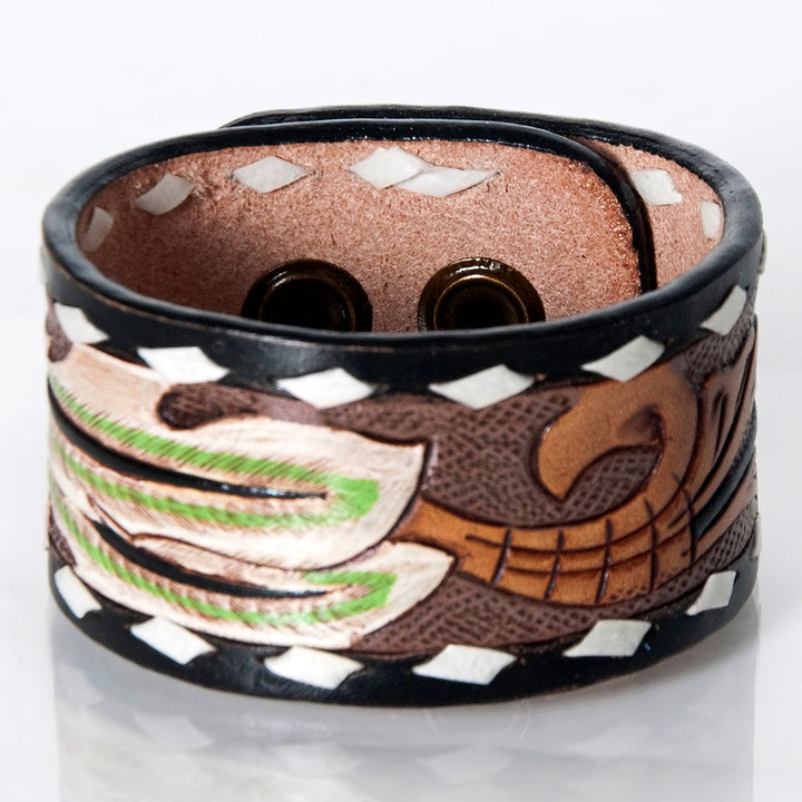 Hand-tooled leather American Darling Bracelet with feather design and white whipstitch trim