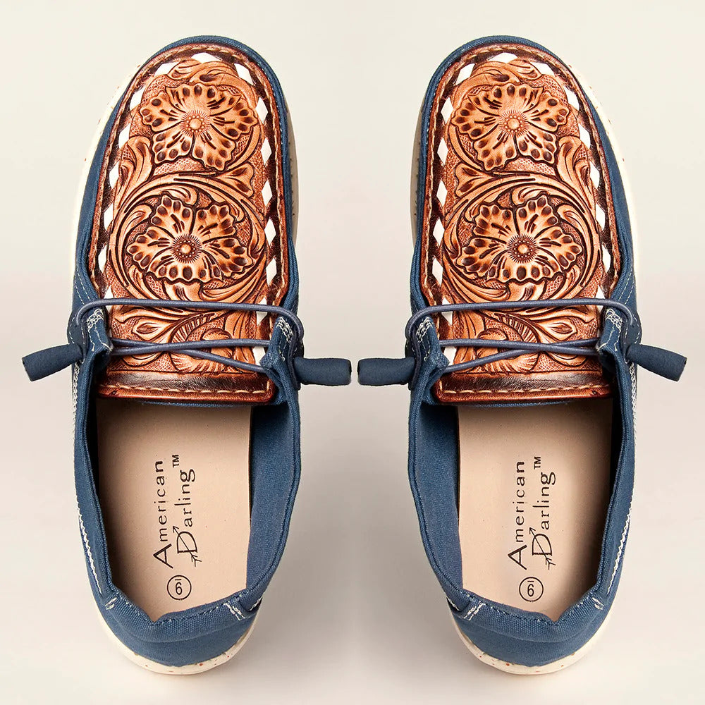 American Darling Carved Buck Stitch Leather Topper Blue Loafer