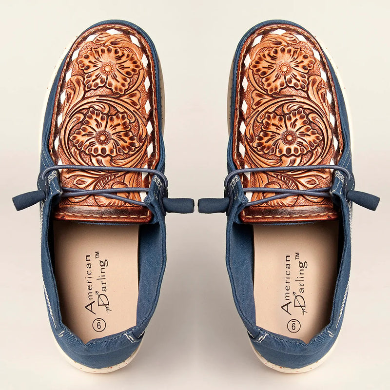 American Darling Carved Buck Stitch Leather Topper Blue Loafer