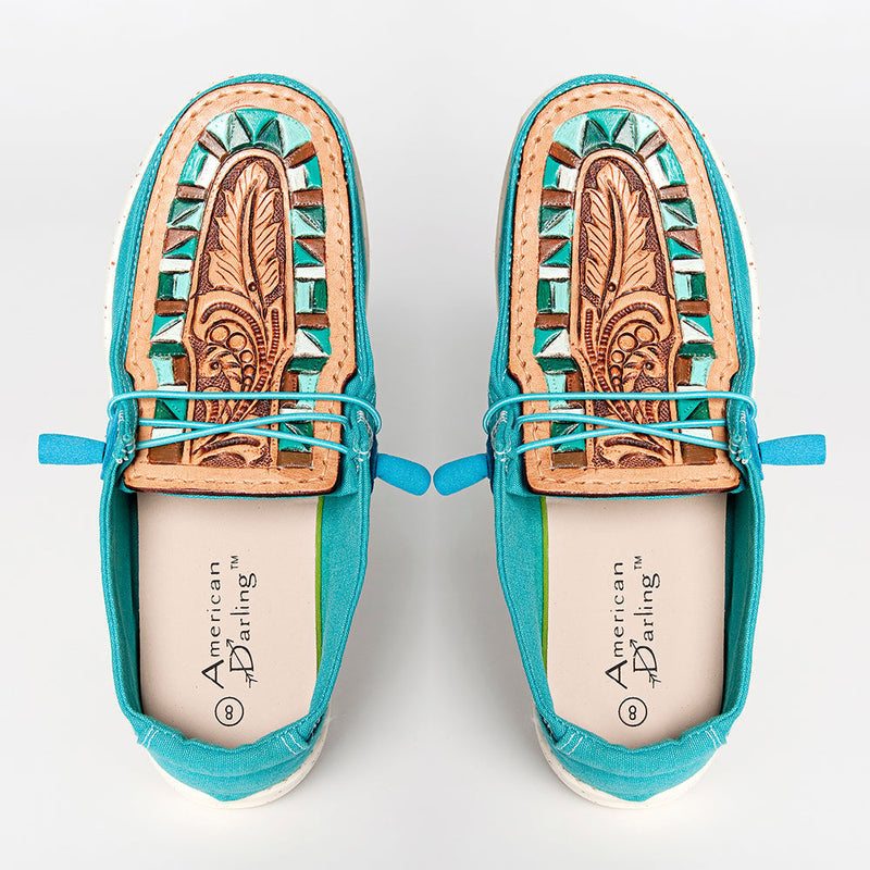 American Darling turquoise leather loafers with hand carved American cowhide detailing and comfortable molded sole
