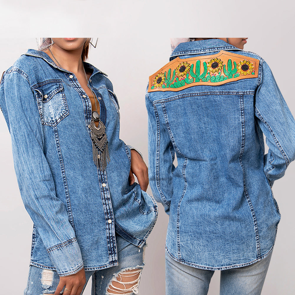 American Darling Apparel denim shirt with sunflower and cactus embroidery on back yoke, worn by model front and back view