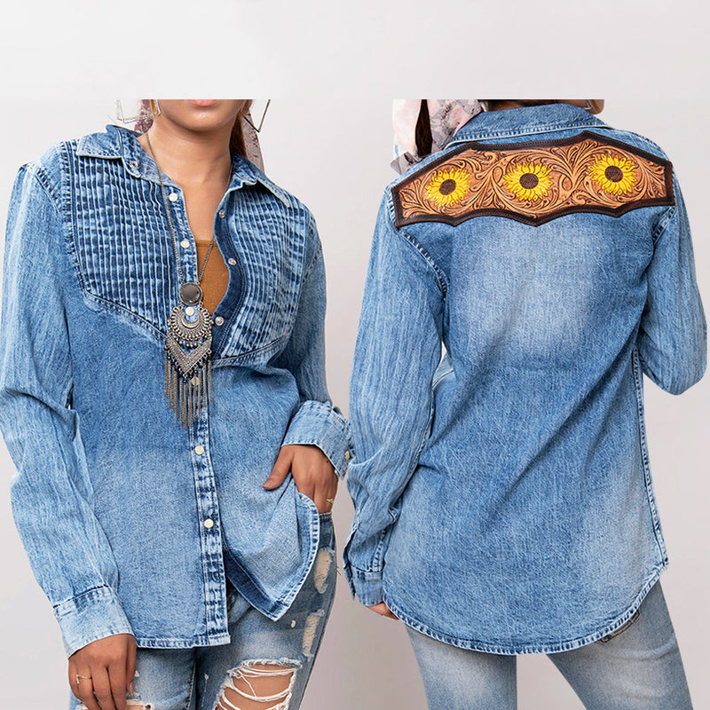 American Darling denim shirt with sunflower leather yoke and distressed details, front and back view