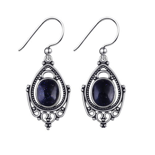 925 Sterling Silver Hand Crafted Blue Goldstone Drop Dangle Earrings Designed Elegance Delicate Hand Made
