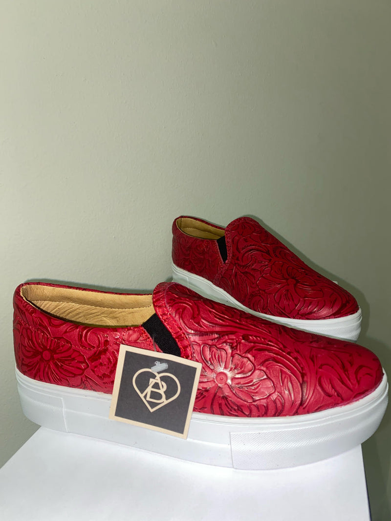 Holly tooled red leather van