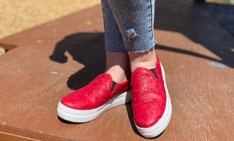 Holly tooled red leather van