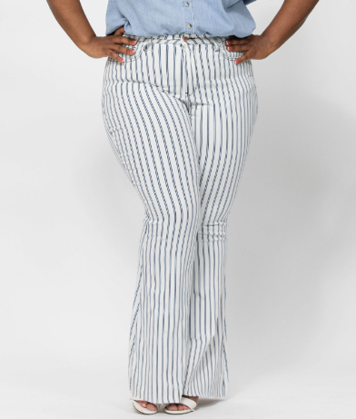 -Waist Super Flare White Pin Stripe