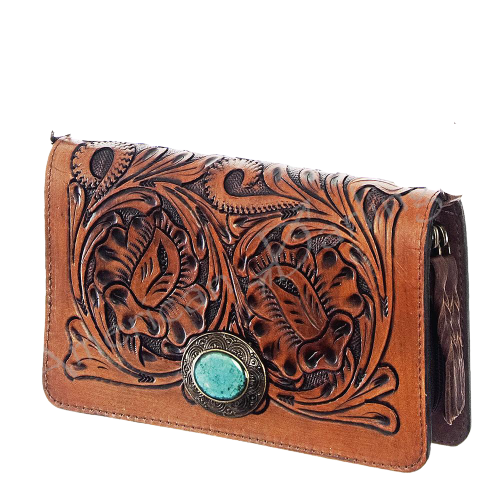 American Darling handcrafted crossbody wallet with hand-tooled vegetable tanned leather and turquoise stone detail