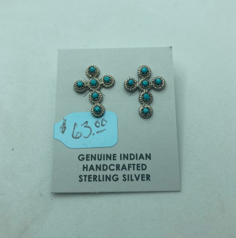 Handmade Navajo Sterling Silver Turquoise Cross Stud Earrings PSTPE17