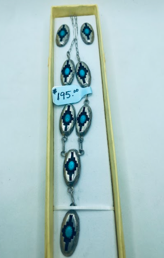 Handmade Navajo Shadow Box Turquoise Earring & Necklace Jewelry Set PSTPS02